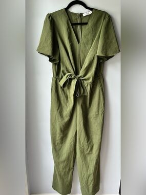 JASAMBAC Women's Wide Leg High Waist V-Neck Jumpsuit w/ Pockets- XL